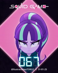 Size: 2362x2956 | Tagged: safe, artist:arturo_t1912, artist:ilustracionestoro2, starlight glimmer, human, equestria girls, g4, angry, bangs, camera shot, eyelashes, grumpy, looking at you, looking up, mugshot, scowl, show accurate, squid game, starlight glimmer is not amused, unamused