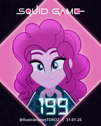 Size: 2362x2956 | Tagged: safe, artist:arturo_t1912, artist:ilustracionestoro2, pinkie pie, human, equestria girls, g4, camera shot, heart, heart hands, looking at you, looking up, mugshot, show accurate, smiling, squid game