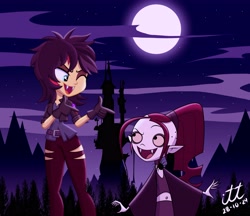 Size: 4096x3543 | Tagged: safe, artist:arturo_t1912, artist:ilustracionestoro2, sunset shimmer, human, undead, vampire, g4, clothes, costume, cyan eyes, duo, duo female, fangs, female, finger gun, finger guns, forest, forest background, full moon, gloves, goth, gothetta, halloween, holiday, looking at each other, looking at someone, moon, nature, night, one eye closed, ponytail, short hair, show accurate, torn clothes, tree, vampire shimmer, wink