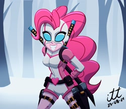 Size: 2717x2362 | Tagged: safe, artist:arturo_t1912, pinkie pie, human, g4, breasts, busty pinkie pie, bye bye bye, crossover, deadpool, female, forest, forest background, grin, gun, gwenpool, holster, human female, marvel, nature, show accurate, smiling, solo, solo female, sword, tree, weapon