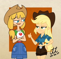 Size: 3655x3550 | Tagged: safe, artist:arturo_t1912, artist:ilustracionestoro2, human, equestria girls, g4, clothes, clothes swap, cowboy hat, crossed arms, crossover, cyan eyes, duo, duo female, female, freckles, green eyes, hat, long hair, looking at each other, looking at someone, pigtails, show accurate, tank top, thumbs up, total drama, total drama island, twintails