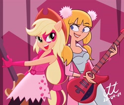 Size: 4096x3465 | Tagged: safe, artist:arturo_t1912, artist:ilustracionestoro2, applejack, human, equestria girls, g4, ashley, background, concert, cowboy hat, crossover, cyan eyes, duo, duo female, electric guitar, female, freckles, green eyes, guitar, hat, looking at each other, looking at someone, musical instrument, pigtails, playing guitar, playing instrument, show accurate, stars, total drama, total drama island, twintails