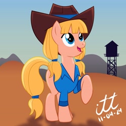 Size: 3543x3543 | Tagged: safe, artist:arturo_t1912, artist:ilustracionestoro2, earth pony, pony, g4, ashley, blue eyes, bottomless, clothed ponies, clothes, crossover, desert, female, missing cutie mark, partial nudity, pigtails, ponified, raised hoof, raised leg, shirt, silo, simple background, solo, solo female, total drama, total drama island, twintails