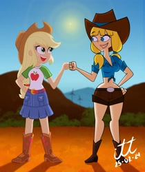 Size: 2953x3508 | Tagged: safe, artist:arturo_t1912, artist:ilustracionestoro2, applejack, human, equestria girls, g4, ashley, big breasts, blue eyes, boots, breasts, clothes, cowboy boots, cowboy hat, crossover, fist bump, green eyes, hat, pigtails, shoes, show accurate, simple background, skirt, tank top, total drama, total drama island, twintails