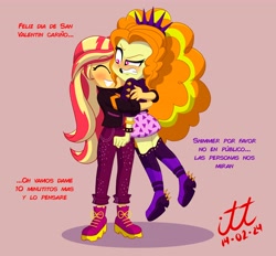 Size: 4096x3803 | Tagged: safe, artist:arturo_t1912, artist:ilustracionestoro2, adagio dazzle, sunset shimmer, human, g4, adagio dazzle is not amused, blushing, cute, dialogue, duo, duo female, female, holding, holiday, hug, implied shipping, lesbian, music festival outfit, shimmerbetes, ship:sunsagio, shipping, simple background, spanish text, tsundagio, tsundere, unamused, valentine's day