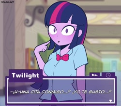 Size: 2048x1791 | Tagged: safe, artist:eltrash_art6, twilight sparkle, equestria girls, g4, blushing, bowtie, breasts, clothes, cute, dating sim, female, holiday, open mouth, shirt, skirt, solo, spanish, text box, translation request, twiabetes, valentine's day, visual novel