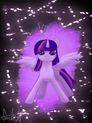 Size: 1500x2000 | Tagged: safe, artist:sleepiefox, twilight sparkle, alicorn, g4, allicorn, error, glitch, looking at you, magic, spread wings, text, twilight sparkle (alicorn), wings