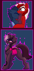 Size: 2726x5654 | Tagged: safe, artist:askhypnoswirl, oc, oc only, oc:ace jetstream, changeling, unicorn, changeling oc, commission, duo, fusion, horn, hug, unicorn oc