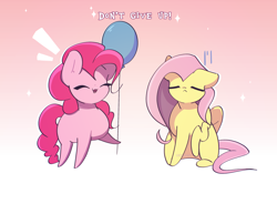 Size: 2550x1875 | Tagged: safe, artist:miryelis, fluttershy, pinkie pie, earth pony, pegasus, pony, g4, balloon, chibi, cute, gradient background, smiling, text