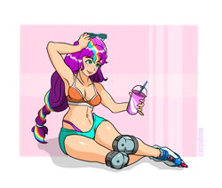 Size: 3110x2635 | Tagged: safe, artist:carpdime, sunny starscout, human, g5, bikini, clothes, drink, humanized, roller skates, skates, smoothie, solo, sunglasses, swimsuit