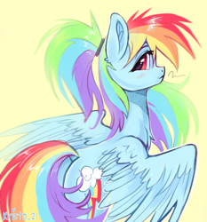 Size: 2032x2183 | Tagged: safe, artist:krista-21, rainbow dash, pegasus, g4, abstract background, blushing, female, looking at you, mare, messy mane, ponytail, smiling, smiling at you, wings