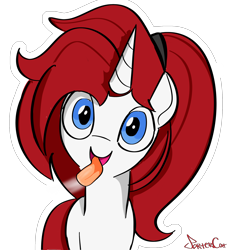 Size: 2244x2445 | Tagged: safe, artist:portercat, oc, oc only, oc:flare rogue, pony, unicorn, blue eyes, fourth wall, horn, licking, licking ponies, light skin, male, red mane, redraw, screen, solo, staring at you, tongue out