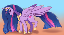 Size: 3812x2075 | Tagged: safe, artist:nnaly, twilight sparkle, alicorn, pony, g4, crown, ethereal mane, female, gradient background, hoof shoes, horn, jewelry, looking at you, mare, older, older twilight, older twilight sparkle (alicorn), peytral, princess shoes, princess twilight 2.0, raised leg, regalia, smiling, smiling at you, solo, starry mane, starry tail, tail, twilight sparkle (alicorn), wings