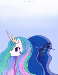 Size: 3630x4710 | Tagged: safe, artist:nnaly, princess celestia, princess luna, alicorn, pony, g4, blue background, bust, crown, duo, duo female, ethereal mane, female, gradient background, horn, jewelry, mare, portrait, regalia, royal sisters, siblings, simple background, sisters, starry mane, younger