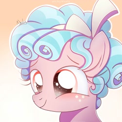 Size: 2000x2000 | Tagged: safe, artist:nnaly, cozy glow, pegasus, pony, g4, cozybetes, cute, female, filly, foal, freckles, gradient background, head only, smiling, solo, sparkles, sparkly eyes, wingding eyes