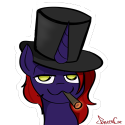 Size: 2000x2000 | Tagged: safe, artist:portercat, oc, oc only, oc:artix somnium, pony, unicorn, :3, bust, dark skin, drugs, hat, horn, looking at you, male, marijuana, red mane, redraw, silly, smiling, smoke, smoking, solo, top hat, uwu, yellow eyes