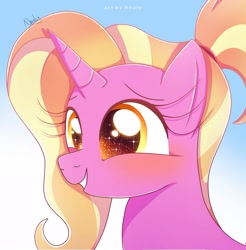 Size: 1869x1897 | Tagged: safe, artist:nnaly, luster dawn, pony, unicorn, g4, blushing, bust, cute, female, horn, lusterbetes, mare, portrait, signature, smiling, solo, sparkles, sparkly eyes, wingding eyes