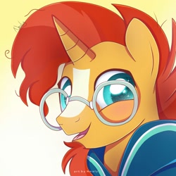 Size: 2000x2000 | Tagged: safe, artist:nnaly, sunburst, pony, unicorn, g4, blaze (coat marking), bust, cloak, clothes, coat markings, colored pupils, cute, facial markings, glasses, gradient background, happy, horn, looking at you, male, open mouth, open smile, portrait, smiling, solo, sparkles, sparkly eyes, stallion, starry eyes, sunbetes, sunburst's cloak, sunburst's glasses, wingding eyes