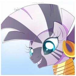 Size: 2000x2000 | Tagged: safe, artist:nnaly, zecora, pony, zebra, g4, bust, catchlights, cute, ear piercing, earring, female, grin, jewelry, mare, neck rings, piercing, portrait, quadrupedal, signature, smiling, solo, sparkles, sparkly eyes, wingding eyes, zecorable