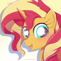 Size: 2000x2000 | Tagged: safe, artist:nnaly, sunset shimmer, pony, unicorn, g4, bust, cute, female, horn, mare, open mouth, open smile, portrait, shimmerbetes, smiling, solo, sparkles, sparkly eyes, wingding eyes