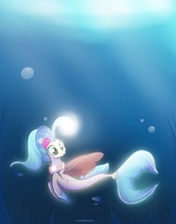 Size: 2000x2556 | Tagged: safe, artist:nnaly, princess skystar, fish, seapony (g4), g4, my little pony: the movie, bioluminescent, blue eyes, bubble, crepuscular rays, dorsal fin, eyelashes, female, fin, fin wings, fins, fish tail, flower, flower in hair, flowing mane, flowing tail, freckles, glowing, jewelry, light, necklace, ocean, pearl necklace, seaquestria, seaweed, signature, smiling, solo, sunlight, swimming, tail, underwater, water, wings