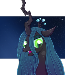 Size: 1633x1871 | Tagged: safe, artist:nnaly, queen chrysalis, changeling, changeling queen, g4, bust, female, horn, open mouth, portrait, solo, sparkles, stars