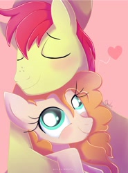 Size: 1523x2055 | Tagged: safe, artist:nnaly, bright mac, pear butter, earth pony, pony, g4, duo, duo male and female, eyes closed, female, heart, male, mare, ship:brightbutter, shipping, simple background, smiling, stallion, straight