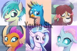 Size: 6000x4000 | Tagged: safe, artist:nnaly, gallus, ocellus, sandbar, silverstream, smolder, yona, changedling, changeling, classical hippogriff, dragon, earth pony, griffon, hippogriff, pony, yak, g4, absurd resolution, dragoness, female, group, male, open mouth, open smile, sextet, smiling, student six, young 6