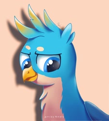 Size: 1786x1972 | Tagged: safe, artist:nnaly, gallus, griffon, g4, bust, looking at you, male, portrait, simple background, solo, sparkles, sparkly eyes, tan background, wingding eyes