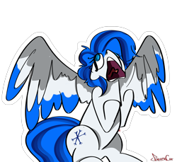 Size: 3250x2980 | Tagged: safe, artist:portercat, oc, oc:sibir, pegasus, pony, blue eyes, blue mane, colored wings, female, light skin, multicolored wings, screaming, silly, silly pony, sitting, who's a silly pony, wings