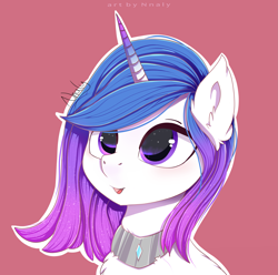 Size: 3615x3580 | Tagged: safe, artist:nnaly, oc, oc only, oc:cosmic snow, unicorn, chest fluff, ear fluff, female, horn, mare, open mouth, red background, simple background, solo, unicorn oc