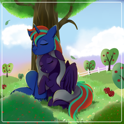 Size: 4000x4000 | Tagged: safe, artist:nnaly, oc, oc only, oc:lapis, oc:silver, pegasus, pony, unicorn, apple, apple tree, duo, duo male and female, eyes closed, female, fence, floppy ears, food, horn, male, mare, outdoors, sitting, stallion, tree, under the tree, wings