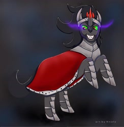 Size: 2712x2784 | Tagged: safe, artist:nnaly, king sombra, pony, unicorn, g4, antagonist, black background, black mane, cape, clothes, colored horn, crown, curved horn, digital art, evil smile, grin, hoof shoes, horn, jewelry, male, rearing, regalia, signature, simple background, smiling, solo, sombra eyes, sombra horn, stallion, teeth