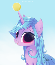 Size: 3938x4633 | Tagged: safe, artist:nnaly, izzy moonbow, pony, unicorn, g4, g5, ball, big eyes, ear fluff, female, gradient background, horn, horn impalement, hornball, izzy's tennis ball, mare, open mouth, open smile, smiling, solo, sparkles, sparkly eyes, starry eyes, tennis ball, wingding eyes