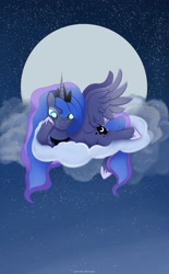 Size: 2244x3618 | Tagged: safe, artist:nnaly, princess luna, alicorn, pony, g4, cloud, crown, ethereal mane, ethereal tail, female, full moon, hoof shoes, horn, jewelry, lying down, lying on a cloud, mare, moon, night, night sky, on a cloud, outdoors, peytral, princess shoes, regalia, sky, solo, spread wings, stars, tail, wings