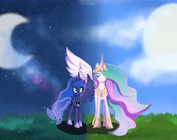 Size: 5956x4715 | Tagged: safe, artist:nnaly, princess celestia, princess luna, alicorn, pony, g4, crescent moon, crown, day, duo, duo female, ethereal mane, ethereal tail, female, hoof shoes, jewelry, mare, moon, night, one wing out, outdoors, peytral, princess shoes, regalia, royal sisters, siblings, sisters, sun, tail, wings