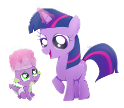 Size: 3436x2994 | Tagged: safe, artist:nnaly, spike, twilight sparkle, dragon, pony, unicorn, g4, my little pony: friendship is magic, sparkle's seven, baby, baby dragon, baby spike, crown, cute, diaper, duo, duo male and female, female, filly, filly twilight sparkle, foal, glowing, glowing horn, hard-won helm of the sibling supreme, high res, horn, jewelry, magic, magic aura, male, open mouth, open smile, regalia, simple background, smiling, spikabetes, telekinesis, transparent background, twiabetes, unicorn twilight, younger