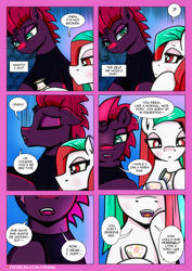 Size: 2480x3508 | Tagged: safe, artist:dsana, fizzlepop berrytwist, tempest shadow, oc, oc:spiegel, earth pony, pony, unicorn, comic:a storm's lullaby, g4, female, horn, mare