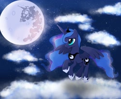 Size: 2444x2000 | Tagged: safe, artist:nnaly, princess luna, alicorn, pony, g4, cloud, crown, ethereal mane, ethereal tail, female, flying, full moon, hoof shoes, horn, jewelry, mare, mare in the moon, moon, night, night sky, outdoors, peytral, princess shoes, regalia, sky, solo, spread wings, stars, tail, wings