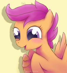 Size: 1821x2000 | Tagged: safe, artist:nnaly, scootaloo, pegasus, pony, g4, blushing, bread, breakfast, croissant, cute, cutealoo, female, filly, foal, food, misleading thumbnail, open mouth, open smile, simple background, smiling, solo, sparkles, sparkly eyes, spread wings, wingding eyes, wings, yellow background