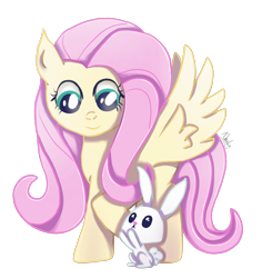 Size: 1606x1698 | Tagged: safe, artist:nnaly, angel bunny, fluttershy, pegasus, pony, rabbit, g4, angelbetes, animal, cute, female, mare, raised hoof, simple background, smiling, spread wings, transparent background, wings