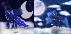 Size: 4171x2000 | Tagged: safe, artist:nnaly, princess luna, alicorn, pony, g4, cloud, comparison, crown, draw this again, ethereal mane, ethereal tail, female, flying, full moon, hoof shoes, horn, jewelry, mare, mare in the moon, moon, night, night sky, outdoors, peytral, princess shoes, redraw, regalia, sky, solo, spread wings, stars, tail, wings