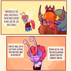 Size: 2048x2048 | Tagged: safe, artist:sockiepuppetry, prince rutherford, seabreeze, breezie, yak, g4, 2 panel comic, annoyed, blushing, burn, comic, duo, duo male, ear piercing, earring, high res, jewelry, male, open mouth, piercing, savage, sick burn, speech bubble