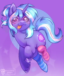 Size: 1343x1592 | Tagged: safe, artist:ghoelette0884, oc, oc:digital dydream, pony, unicorn, clothes, female, horn, mare, socks, solo, striped socks, sunglasses, tongue out