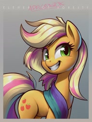 Size: 2000x2625 | Tagged: safe, artist:bestfilly, artist:darkdoomer, applejack, pony, g4, alternate hairstyle, alternate mane color, dyed mane, smiling, solo