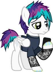 Size: 885x1196 | Tagged: safe, artist:lightningbolt, derpibooru exclusive, pegasus, pony, .svg available, awsten knight, cellphone, clothes, dyed mane, dyed tail, folded wings, frown, heterochromia, hoof hold, hoof polish, jewelry, lidded eyes, long sleeves, looking down, male, necklace, phone, ponified, raised hoof, show accurate, simple background, smartphone, solo, stallion, standing, svg, tail, transparent background, vector, waterparks, wings