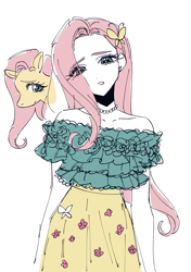 Size: 2039x2894 | Tagged: safe, artist:jjilac, fluttershy, human, pegasus, pony, g4, clothes, colored sketch, cowboy shot, dress, female, hat, humanized, looking at you, mare, simple background, sketch, skirt, solo, white background