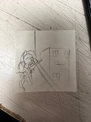 Size: 3024x4032 | Tagged: safe, artist:just_a_nerd, fluttershy, pegasus, pony, g4, female, gun, simple background, sticky note, traditional art, weapon