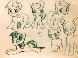 Size: 1024x768 | Tagged: safe, artist:hotomura, apple bloom, scootaloo, sweetie belle, twilight sparkle, earth pony, pegasus, pony, unicorn, g4, cutie mark crusaders, female, filly, foal, horn, lying down, mare, on back, sketch, traditional art