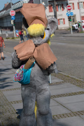 Size: 3266x4899 | Tagged: safe, derpy hooves, galacon, g4, 2016, bag, fursuit, irl, outdoors, photo, ponysuit, solo